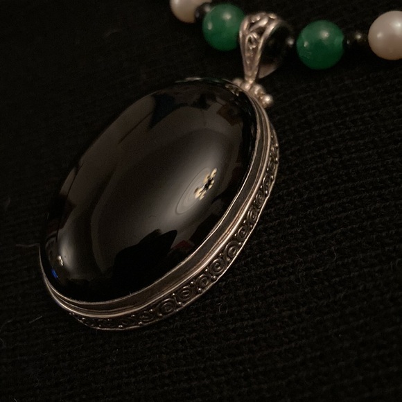 Black Onyx Pendant, Pearl, Jade and Onyx Necklace - Picture 6 of 11